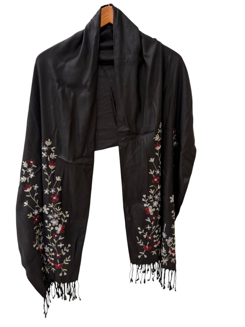 Black Floral Embroidered Boho Fringe Scarf / Wrap